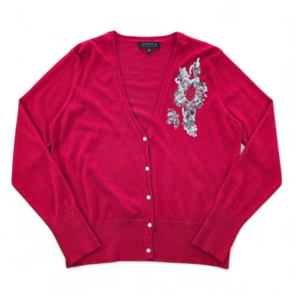 Joseph A. Red Embellished Sequin Cardigan Sweater Medium Rayon Nylon Blend